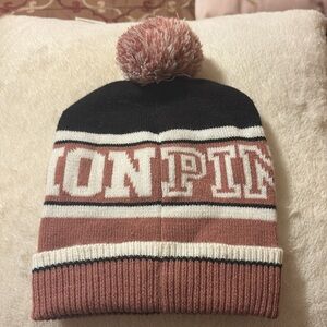 PINK Victoria's Secret Black and Mauve Pink Pom-Pom Beanie “PINK Nation”